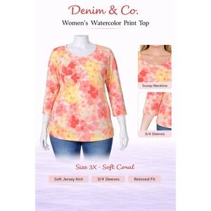 Denim & Co Womens 3X Perfect Jersey 3/4 Sleeve Watercolor Print Top A19856 Coral